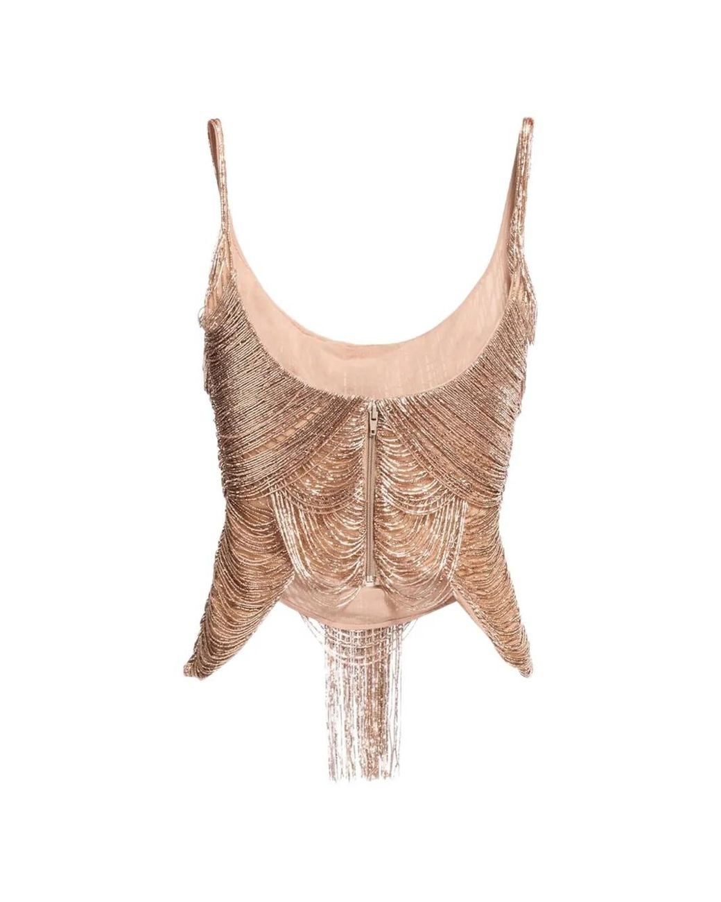 Elie Saab Brown Bead-Embroidered Fringed Top