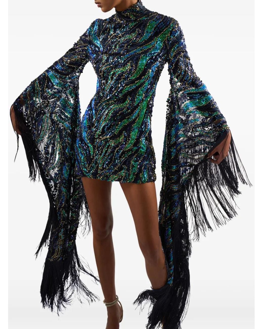 Taller Marmo Green Disco Dragon Fringed Sequin-Embellished Mini Dress