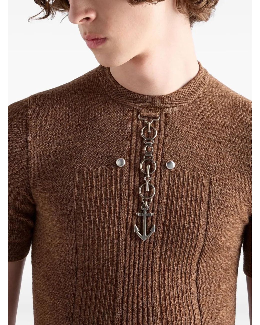 Prada Brown Wool Crew-Neck Sweater With Studs, Rust for men