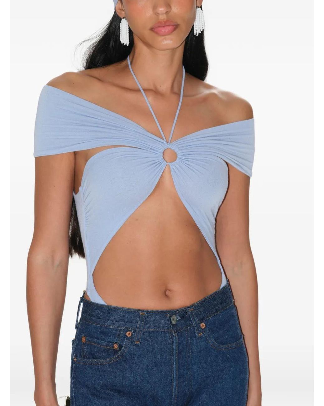 MANURI Blue Eleni Cut-Out Off-Shoulder Bodysuit