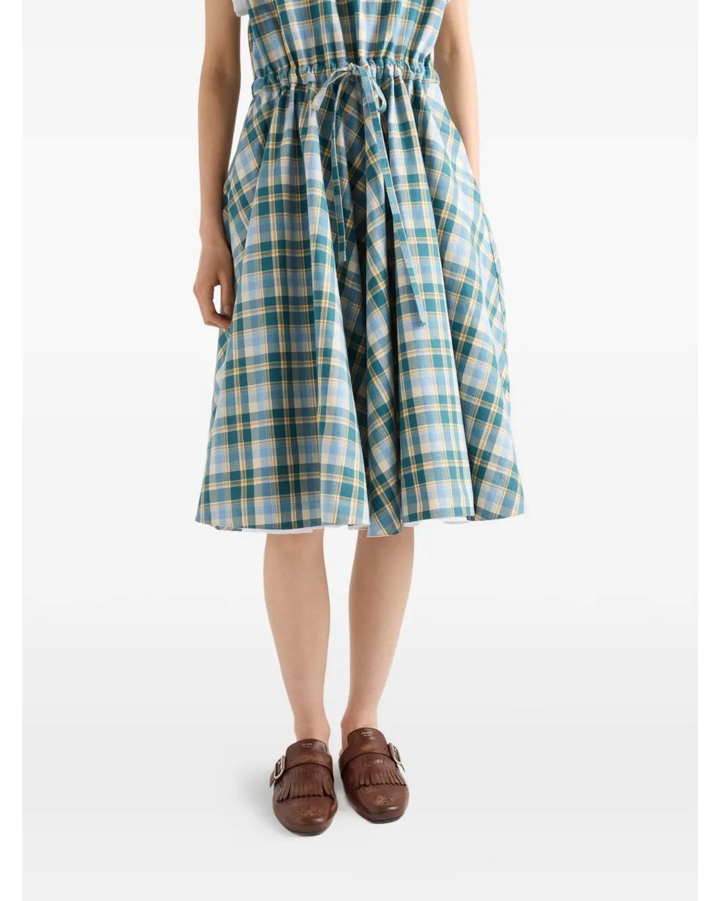 Prada Blue Embroidered Checked Cotton Dress
