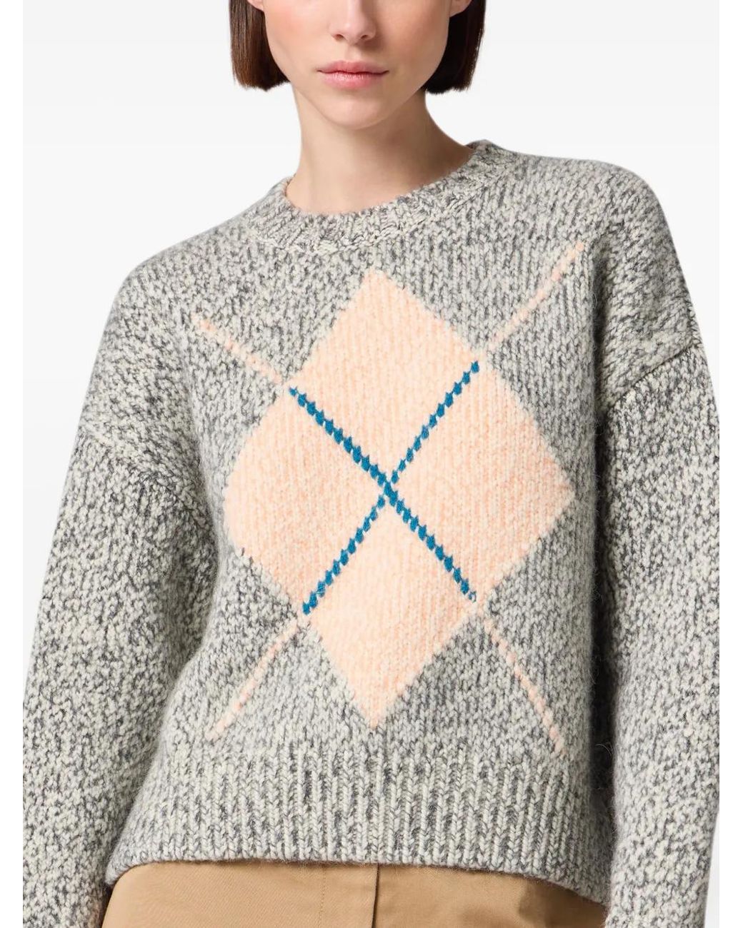 MSGM White Argyle-Pattern Marl-Knit Sweater