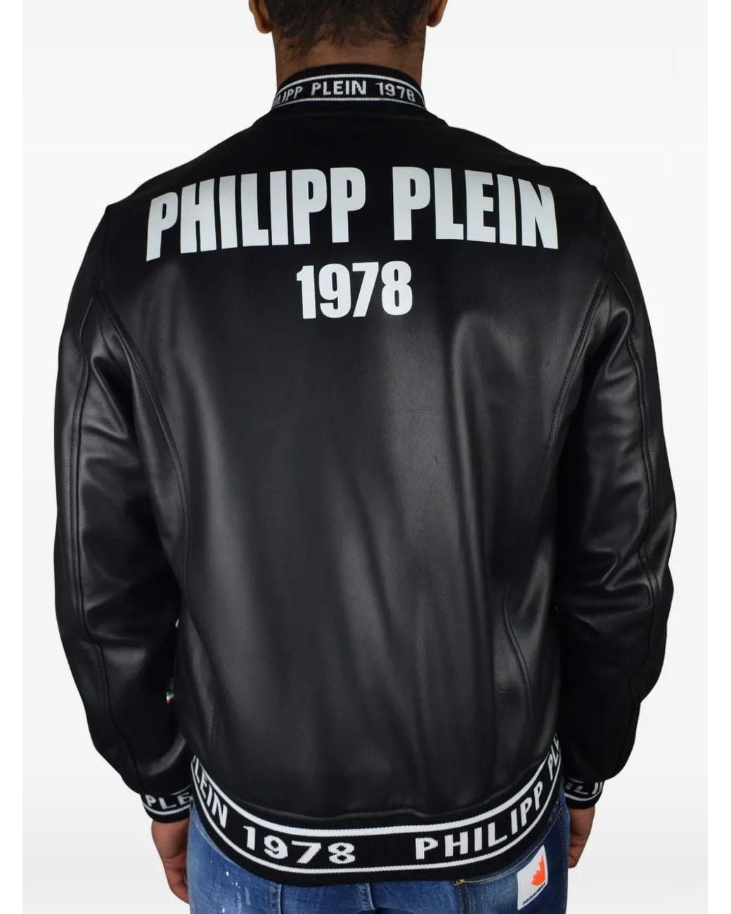 Philipp Plein Black Logo Leather Bomber Jacket for men