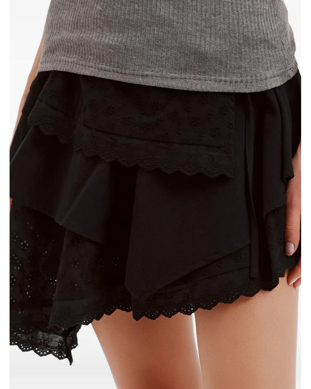 B+ AB Black Broderie-Anglaise Tiered Asymmetric Cotton Mini Skirt