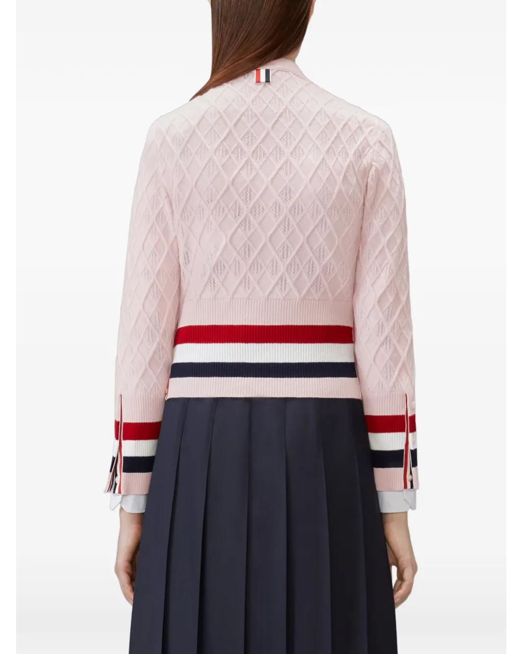 Thom Browne White Cashmere Intarsia Argyle Pointelle Shrunken Cardigan