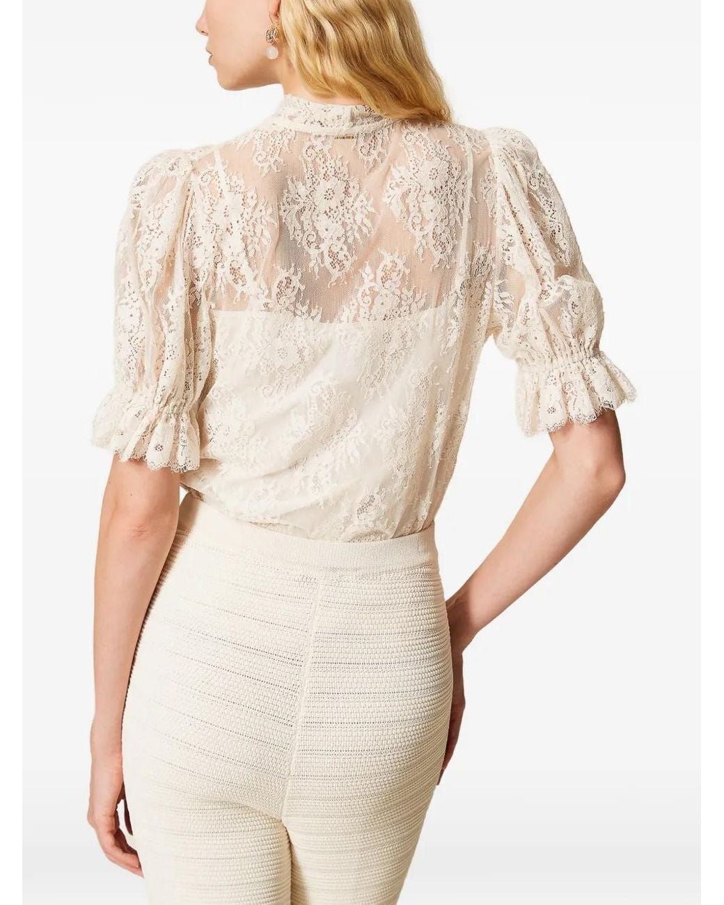 Twinset White Lace Bow-Collar Shirt