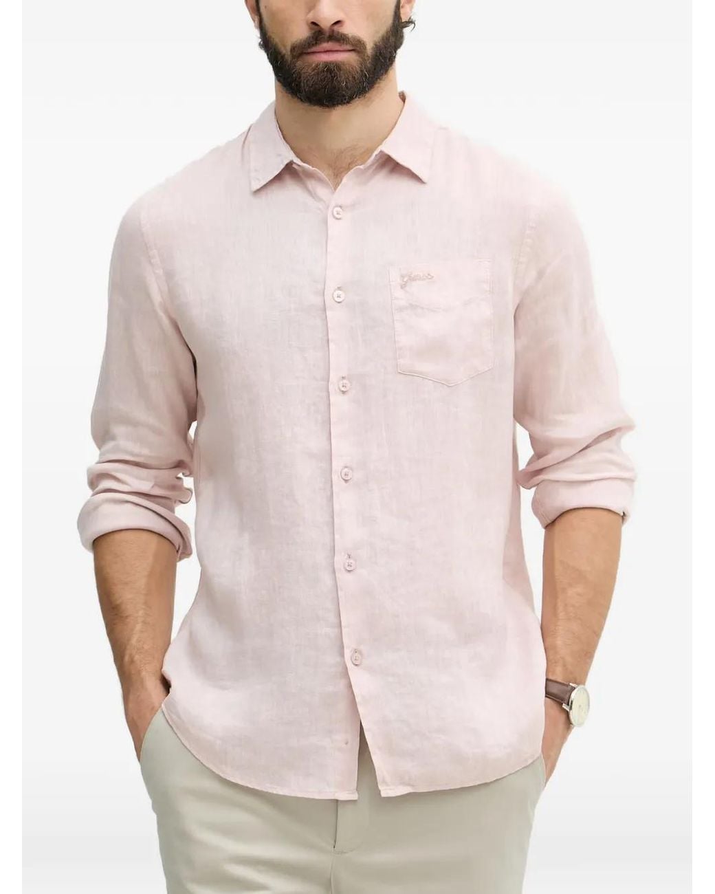 Guess Natural Linen Striped Shirt for men