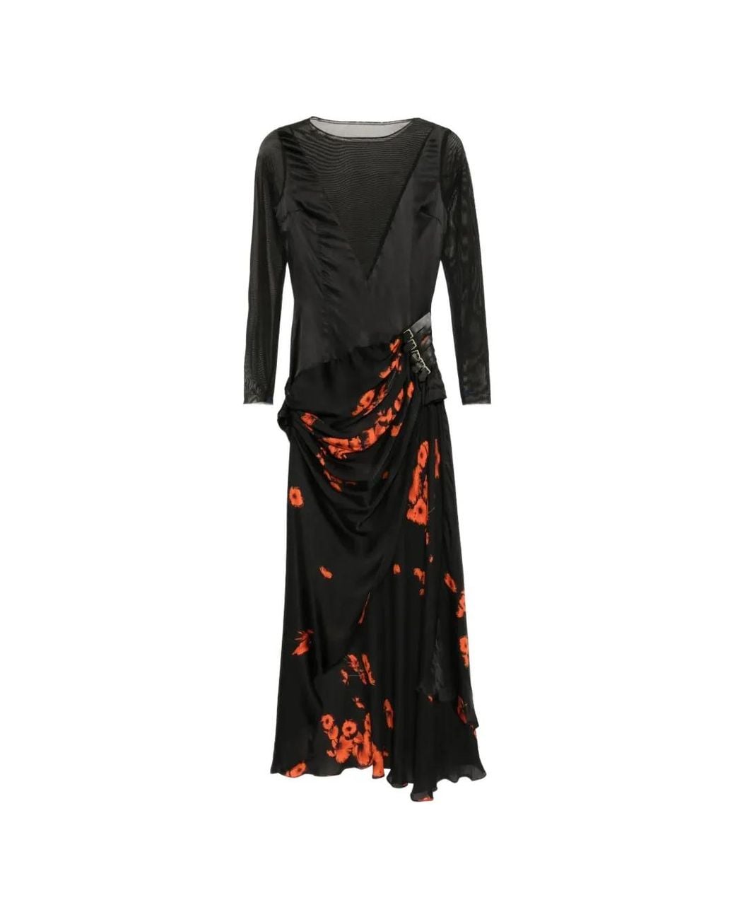 Tessitura Black Poppies-Print Draped Maxi Dress