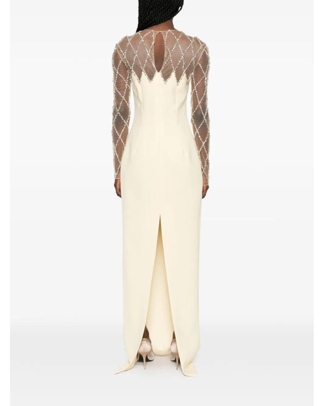 Jean Louis Sabaji White Crystal-Grid Embroidered Crepe Dress
