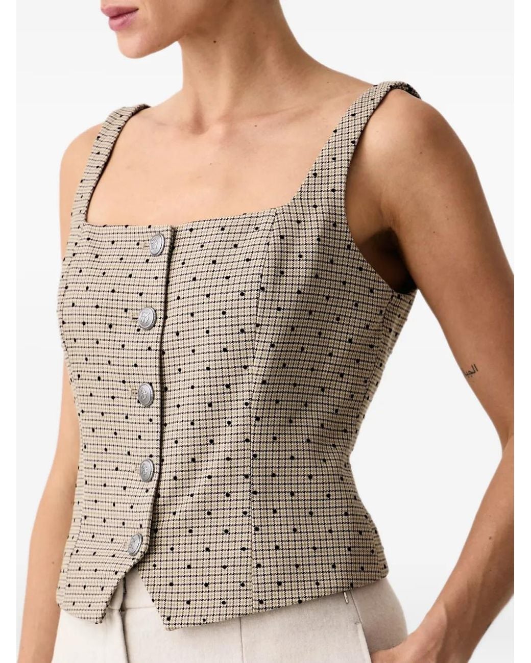 DKNY Natural Check-Pattern Button-Front Top