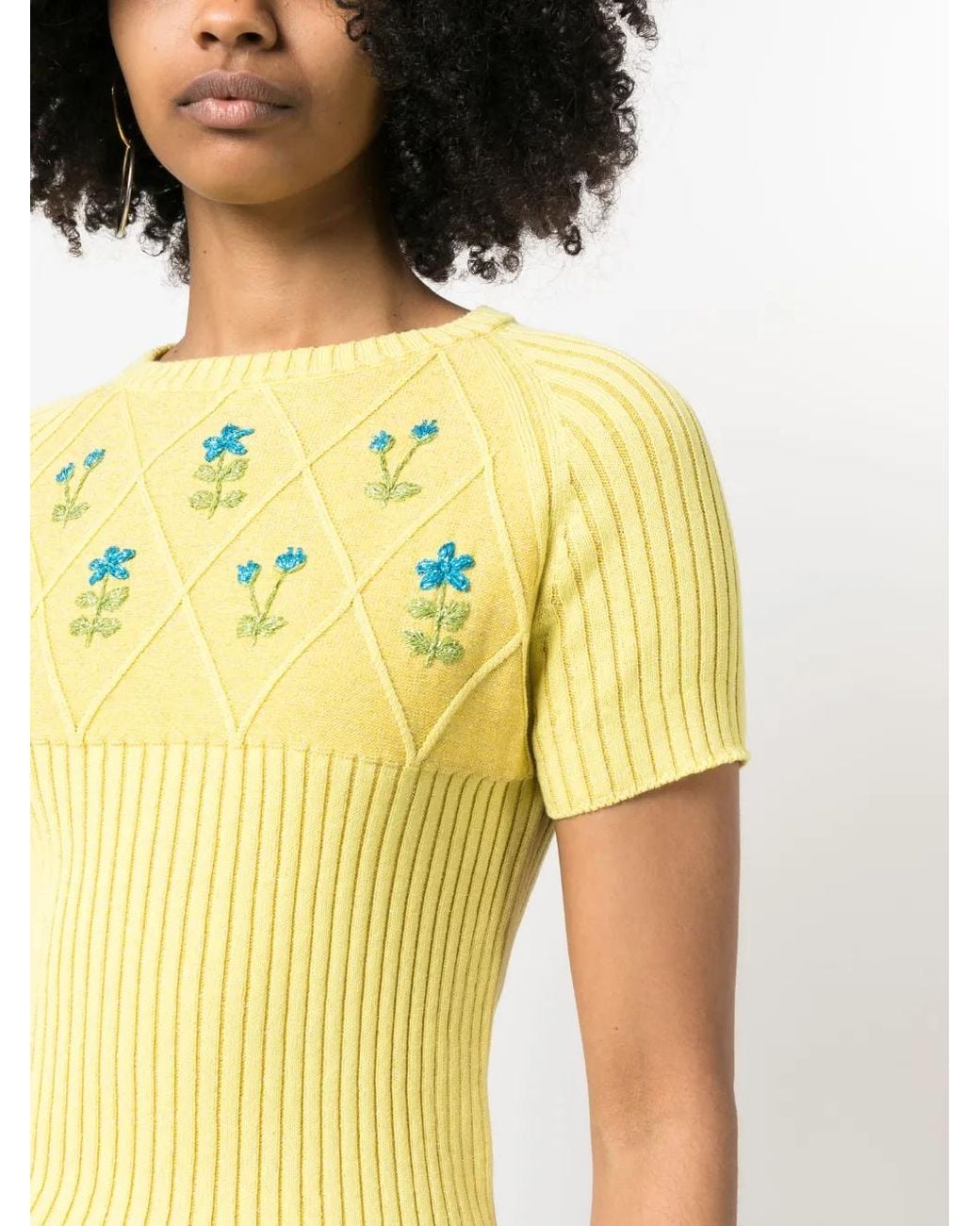 Cormio Yellow Flower-Embroidered Knitted T-Shirt