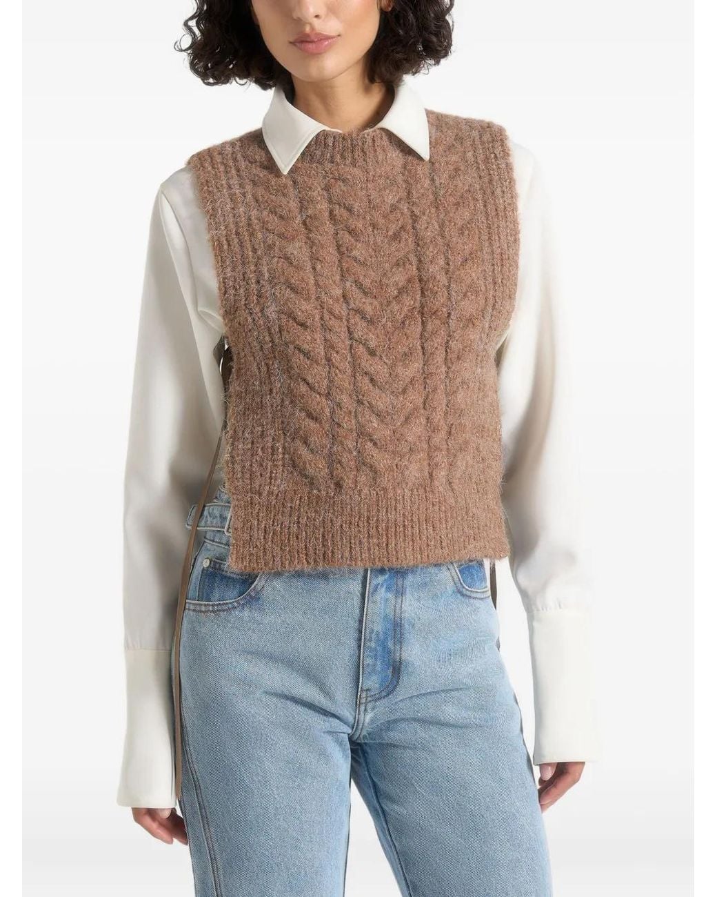 Manière De Voir Blue Danya Cable-Knit Tie-Fastening Taupe Vest