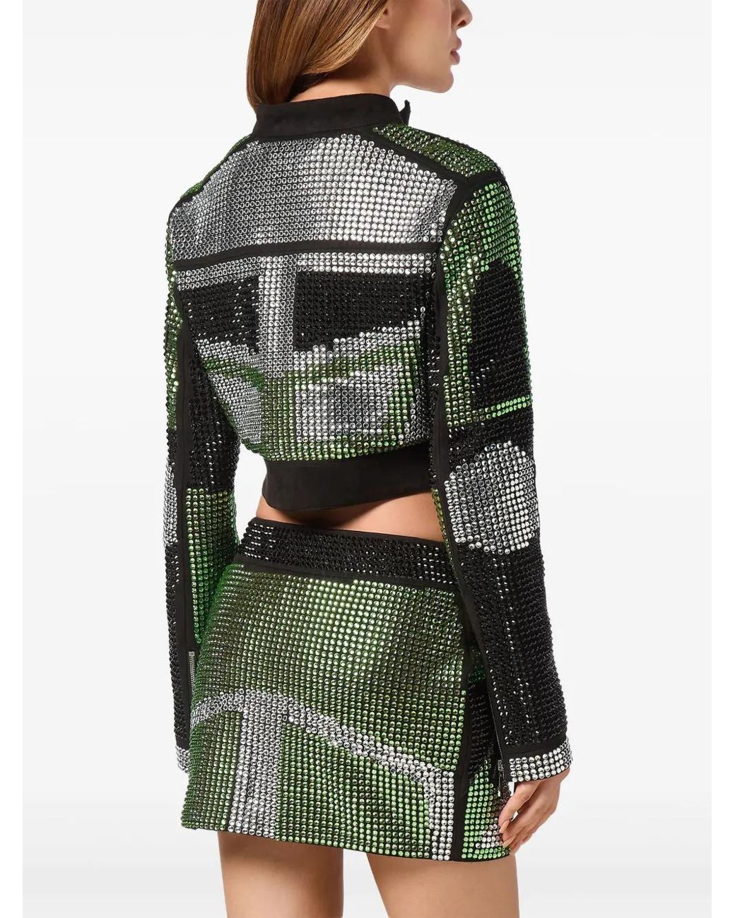 Philipp Plein Green Cropped Leather Biker Jacket Strass