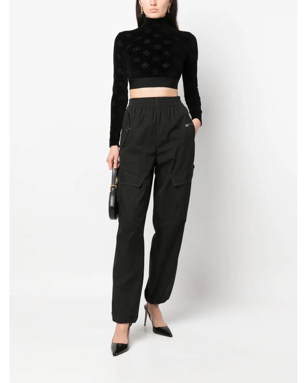 Dolce & Gabbana Black Debossed-Logo Pattern Cropped Top