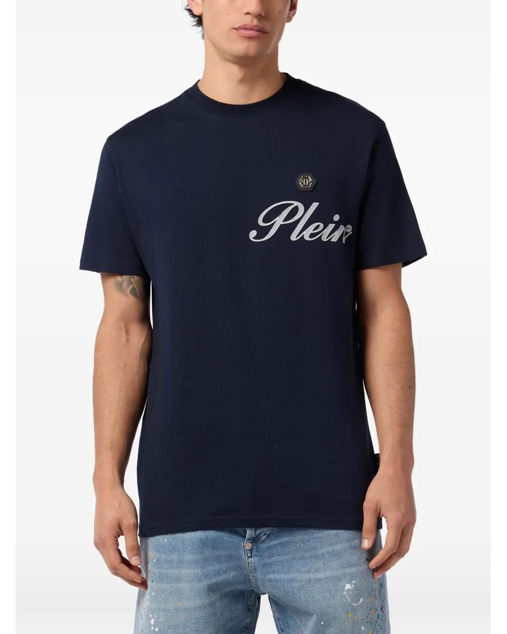 Philipp Plein Blue Round Neck T-Shirt Signature for men