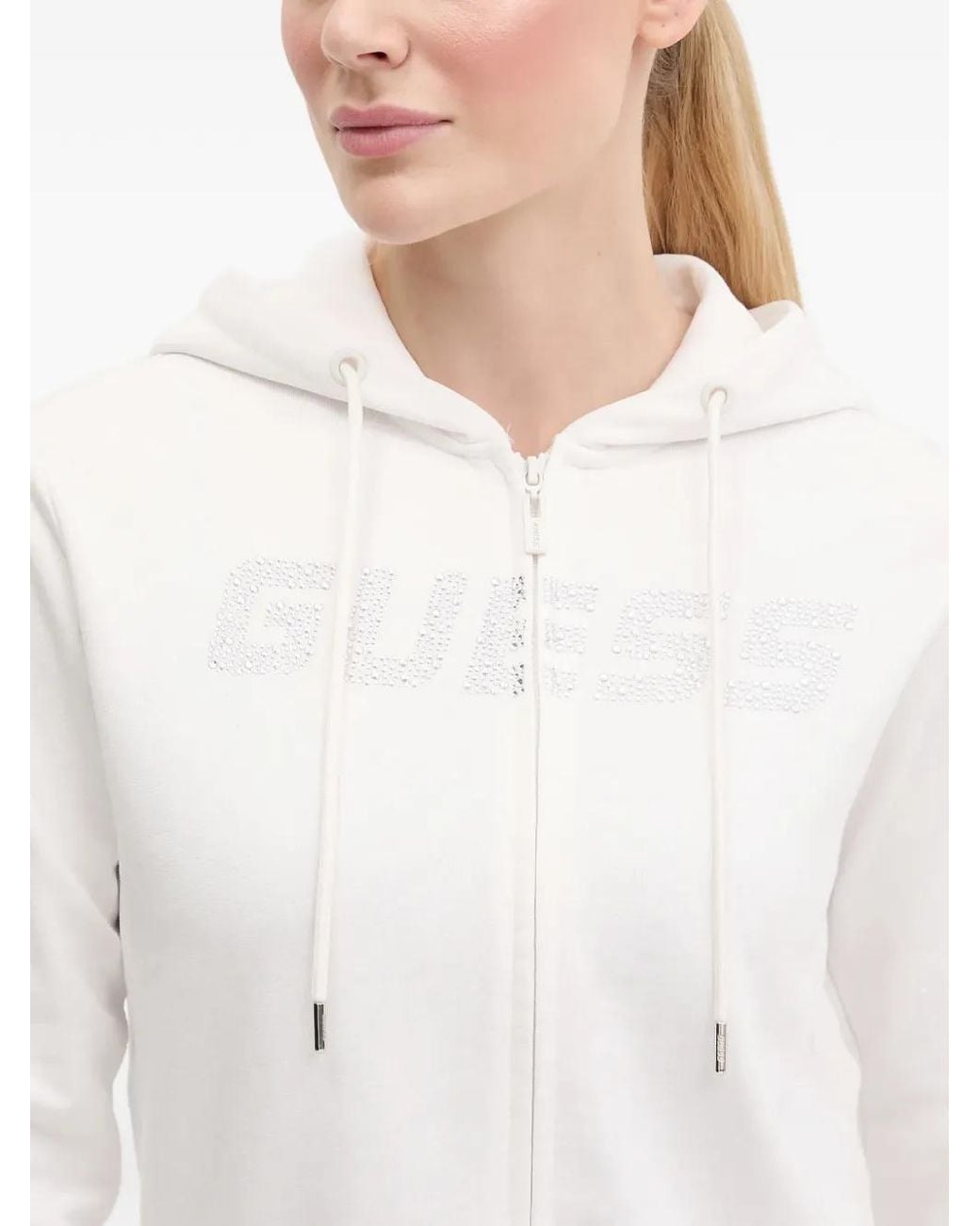Guess White Hoodie Zippé À Logo Strassé