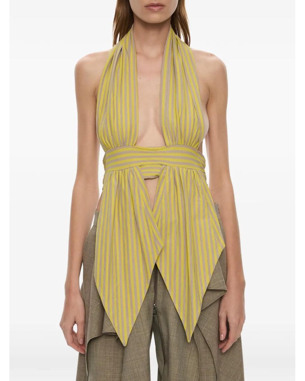 Christopher Esber Yellow Stripe-Pattern Draped Halter Top