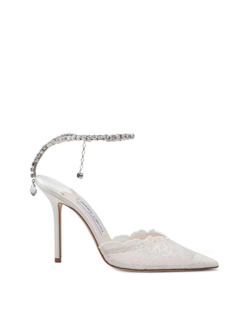 Jimmy Choo White Saeda 100 Ivory Lace Pumps With Crystal Chain Anklet