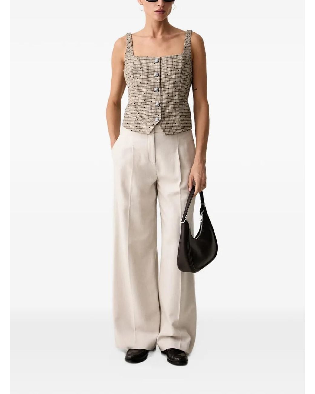 DKNY Natural Check-Pattern Button-Front Top