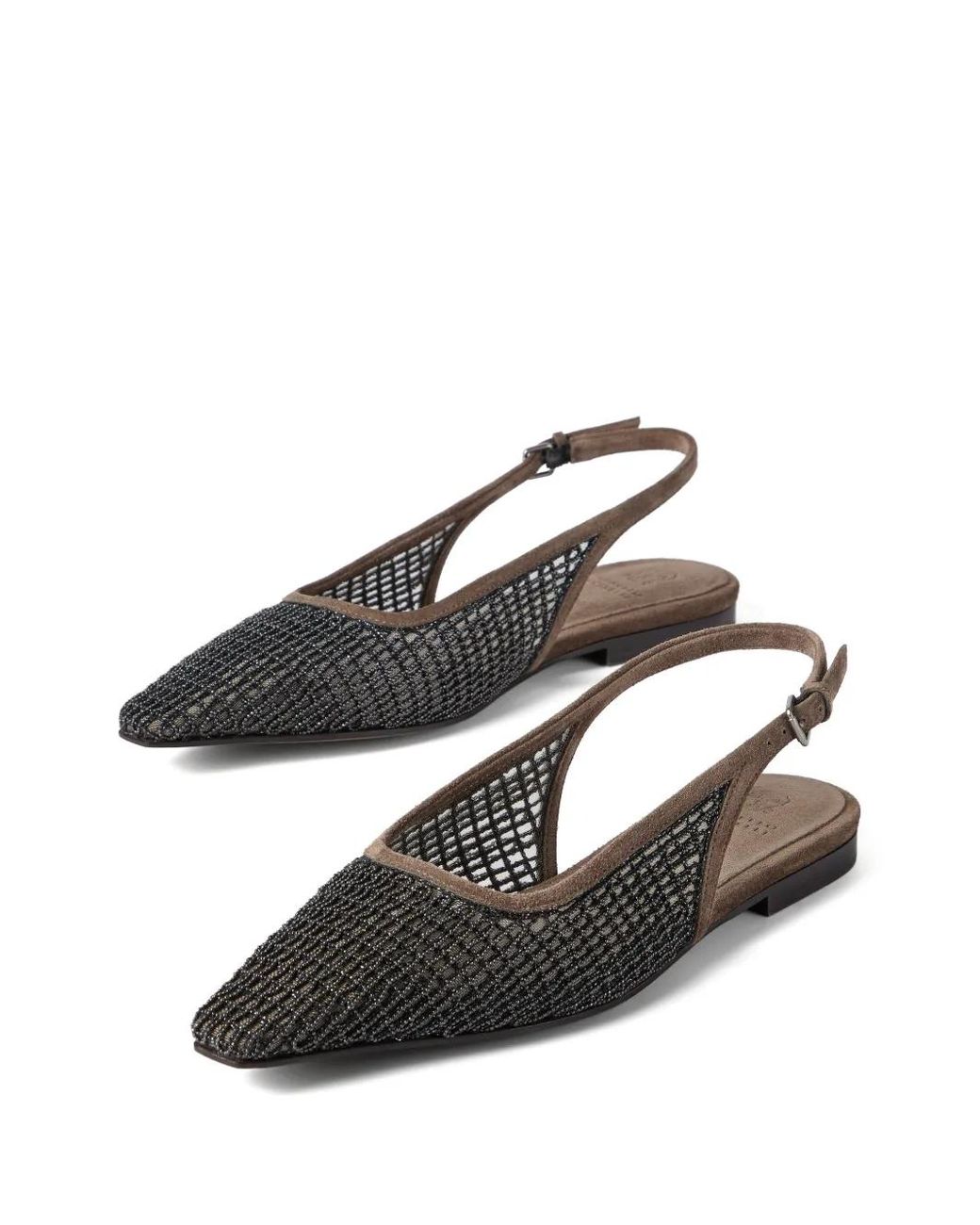 Brunello Cucinelli White Net-Embroidery Slingback Flats