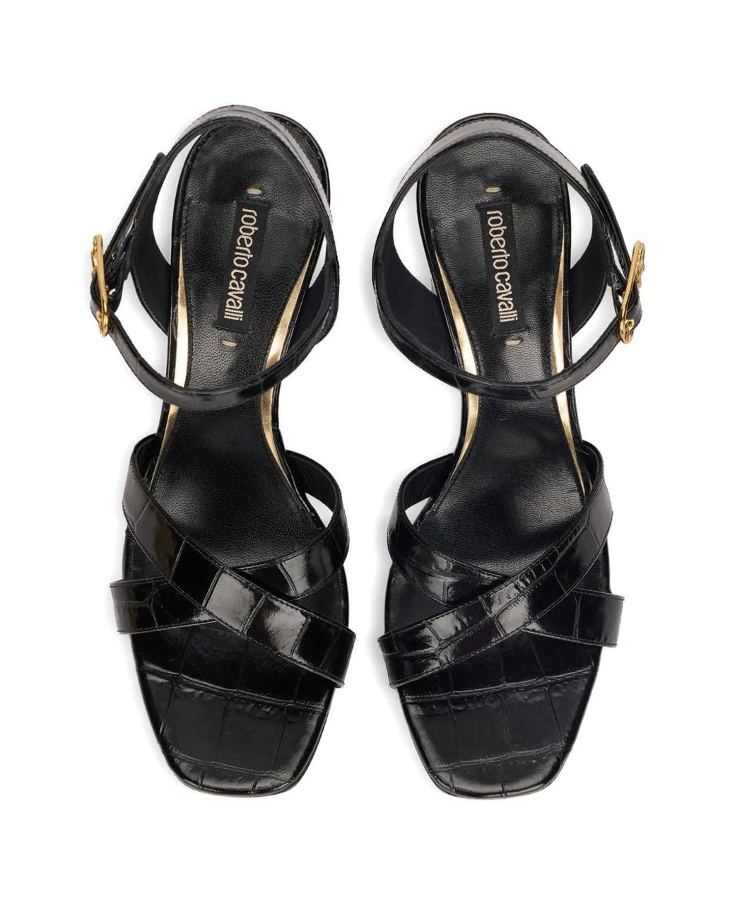 Roberto Cavalli Metallic Crocodile-Effect Cross-Strap Sandals