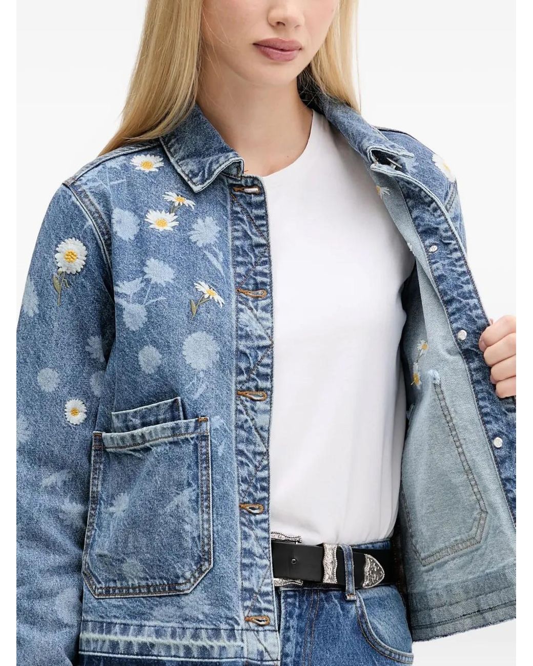 Desigual Blue Floral-Embroidered Denim Jacket