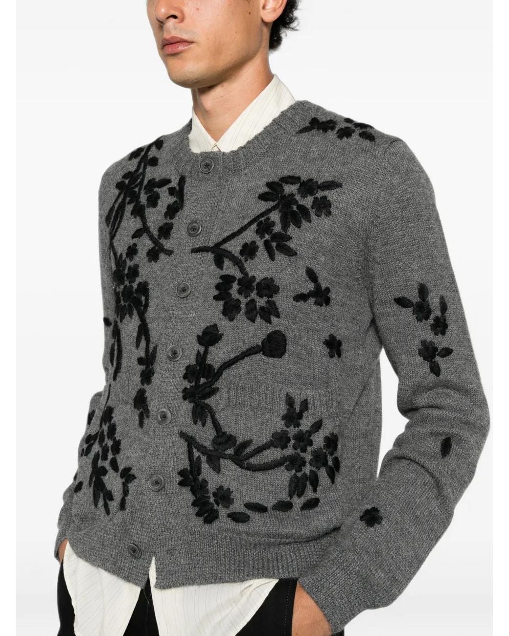 BAZISZT Gray Floral-Embroidered Cardigan for men
