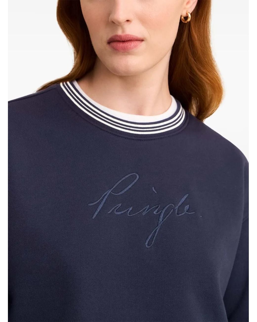 Pringle of Scotland Blue Logo-Embroidered Stripe-Trim Sweatshirt