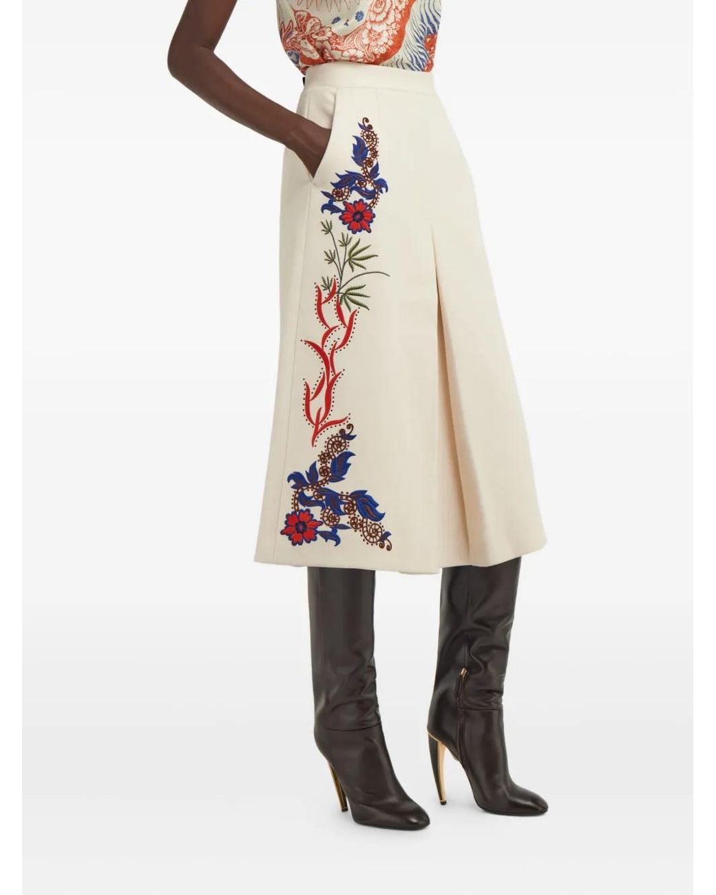 Roberto Cavalli White Floral-Embroidered Midi Skirt