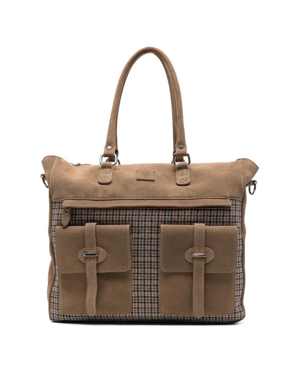 Eleventy Brown Check-Pattern Suede-Panel Tote Bag for men