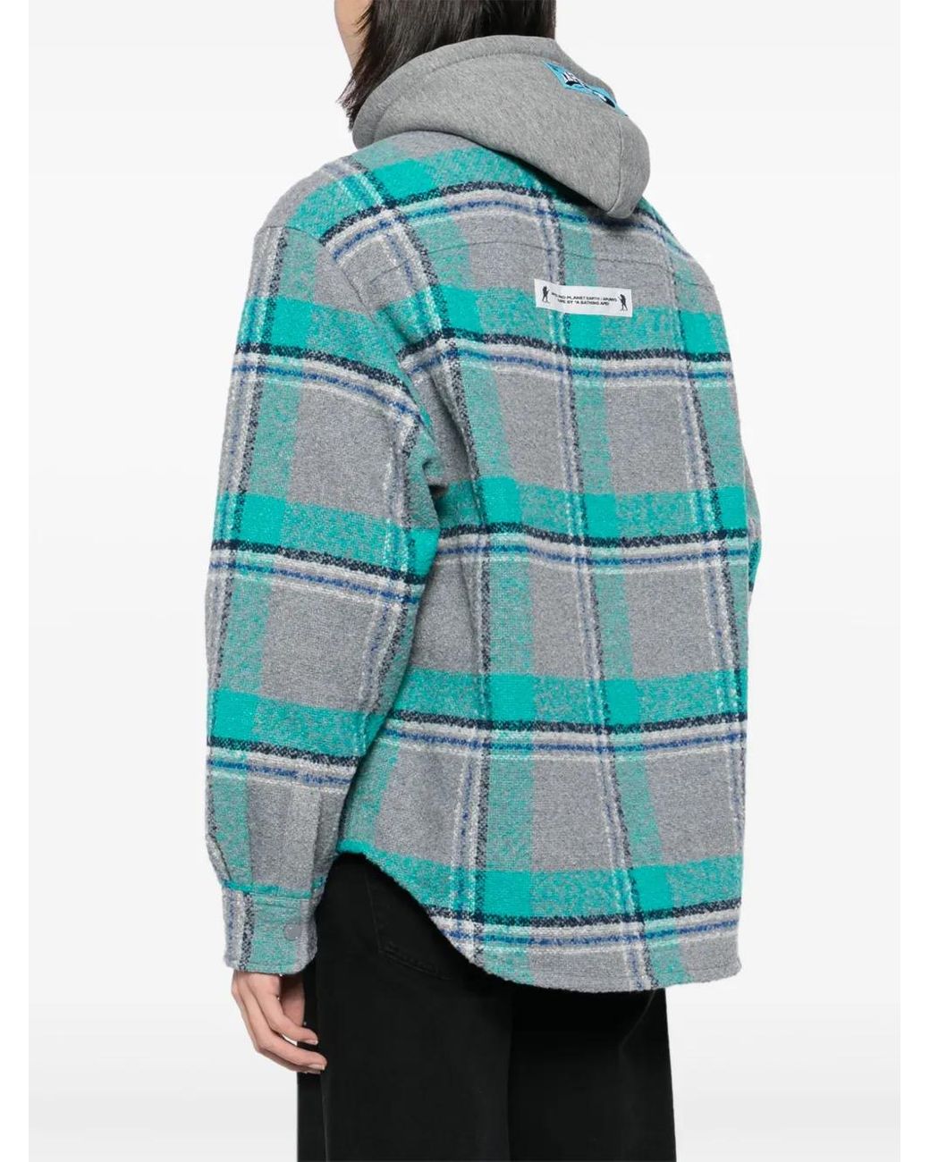 Aape By A Bathing Ape Blue Check-Pattern Hooded Wool-Blend Jacket for men