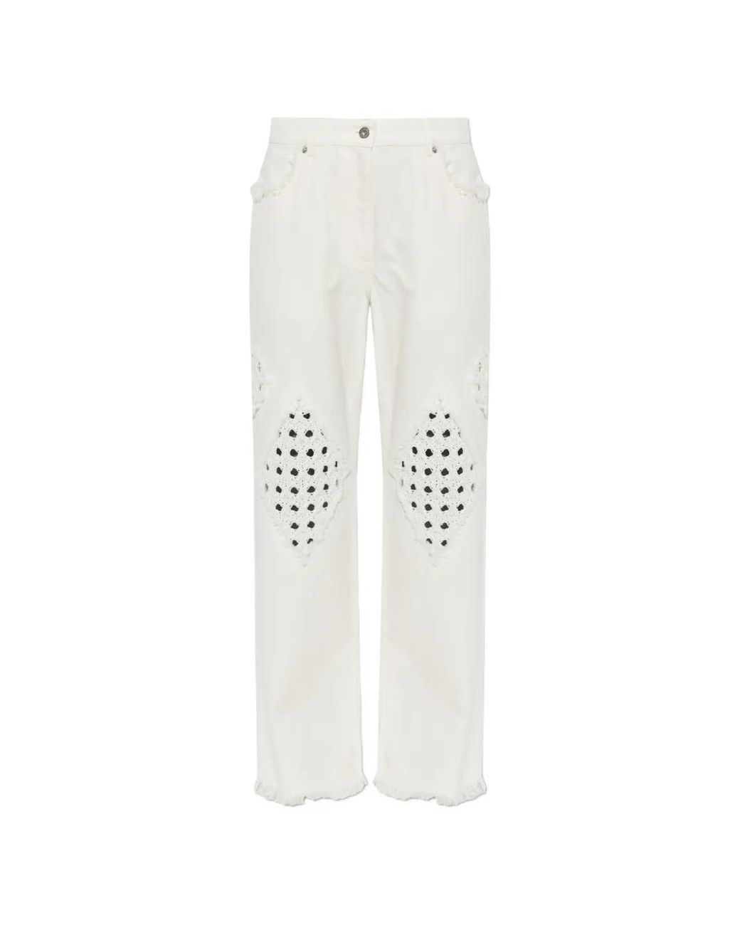 Ferragamo White Crochet-Insert Frayed Jeans