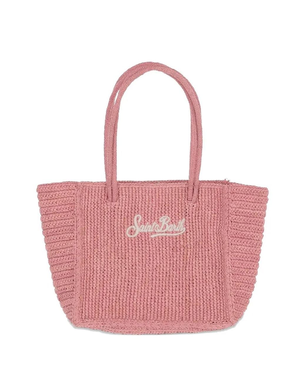 Mc2 Saint Barth Pink Logo-Embroidered Raffia Shoulder Bag