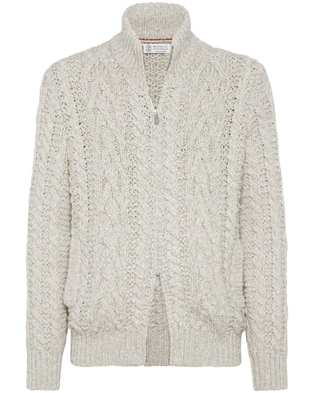 Brunello Cucinelli White Neutral Cable-knit Zip-up Cardigan - Men's - Fabric/cashmere for men