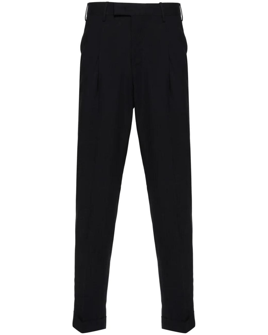 PT Torino Black Pleated Slim-Cut Trousers for men