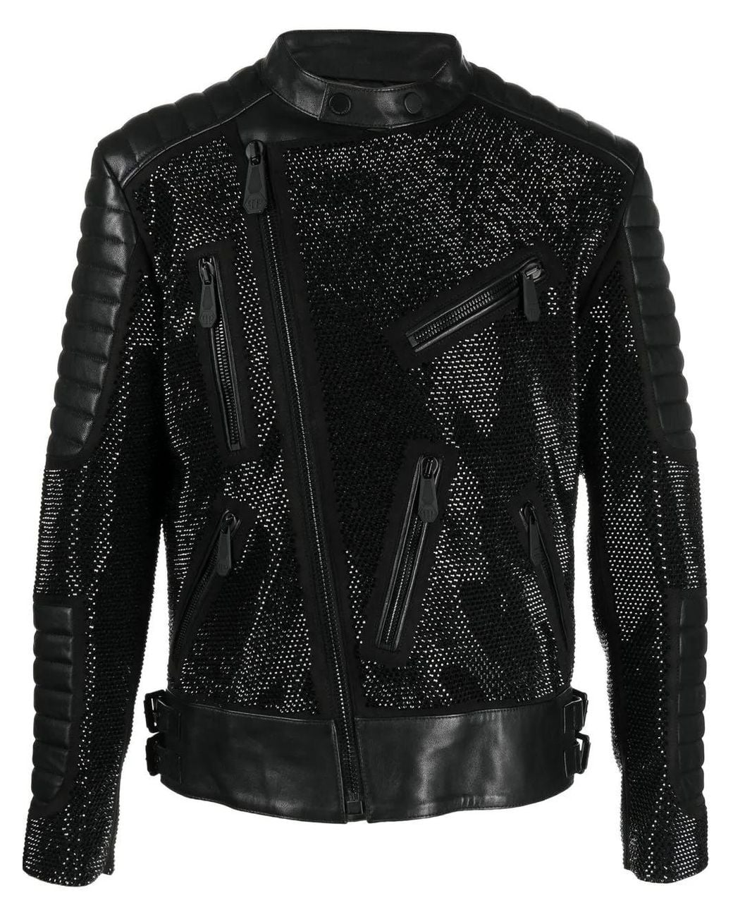 Philipp Plein Black Leather Disco Biker Jacket Crystals for men