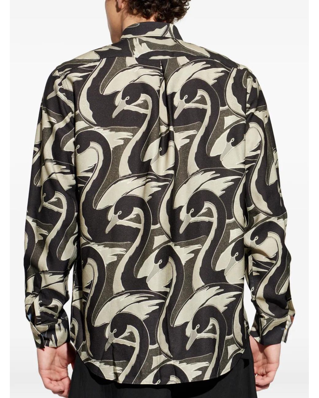 Paul Smith Black Long-Sleeve Swan-Print Shirt for men