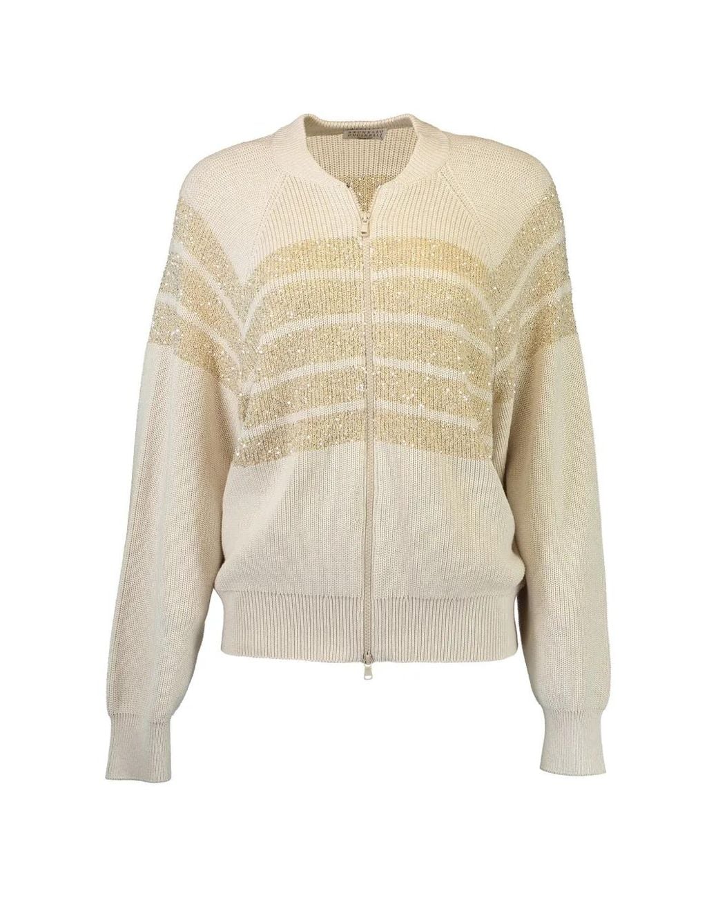Brunello Cucinelli Natural Sequin-Embellished Full-Zip Cardigan