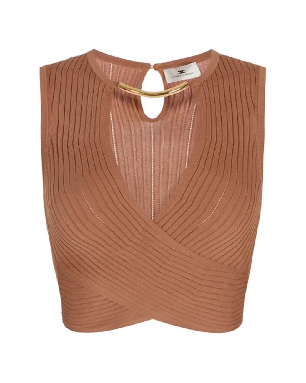 Elisabetta Franchi Brown Ribbed-Knit Wrap-Front Top