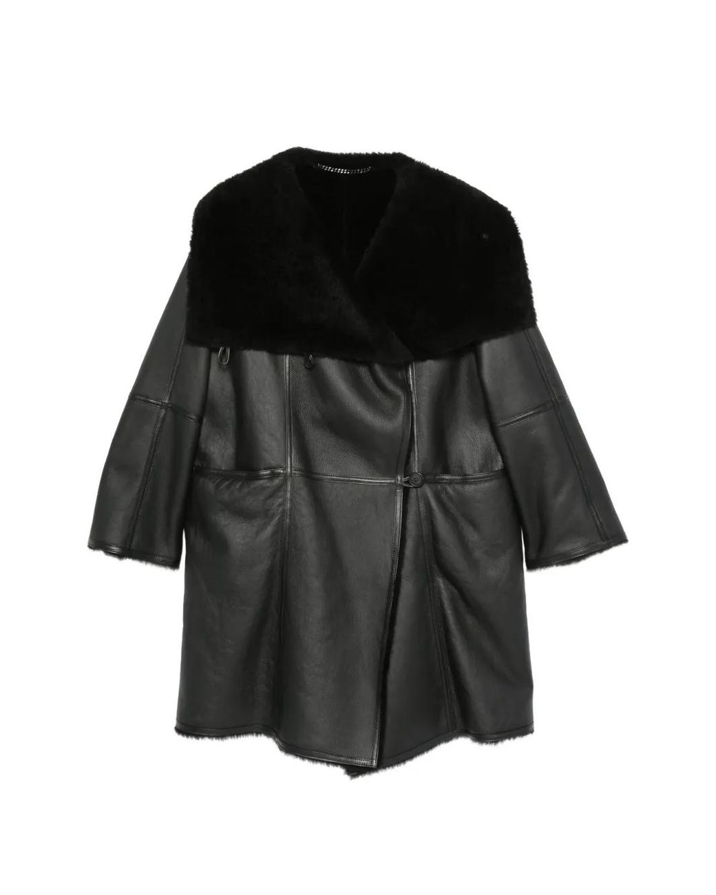 Emmeci Black Shearling-Collar Leather Coat