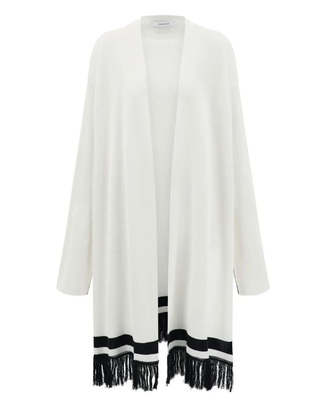 Ferragamo White Longline Cardigan With Fringe Detail