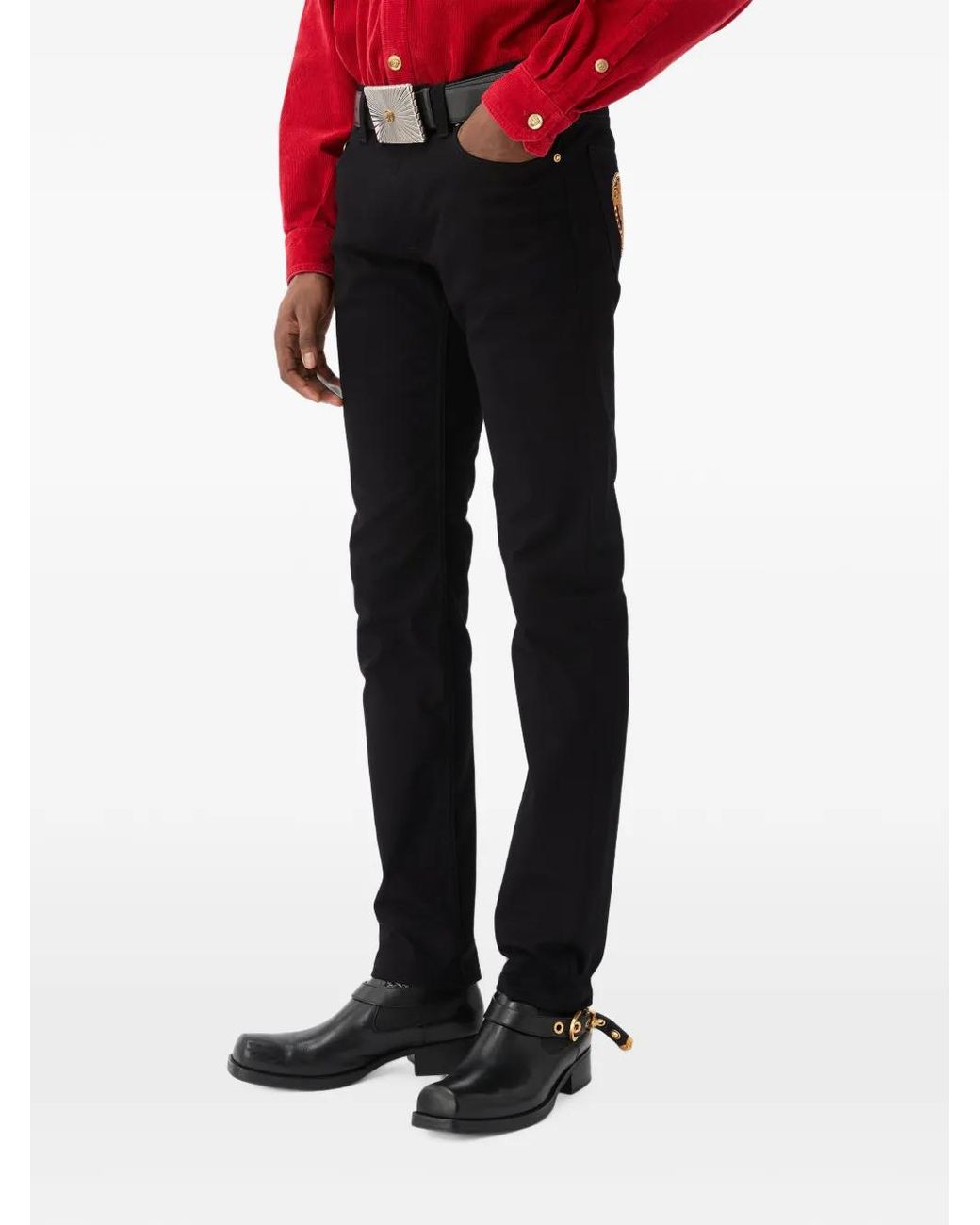 Versace Black Embroidered-Detail Slim Jeans for men