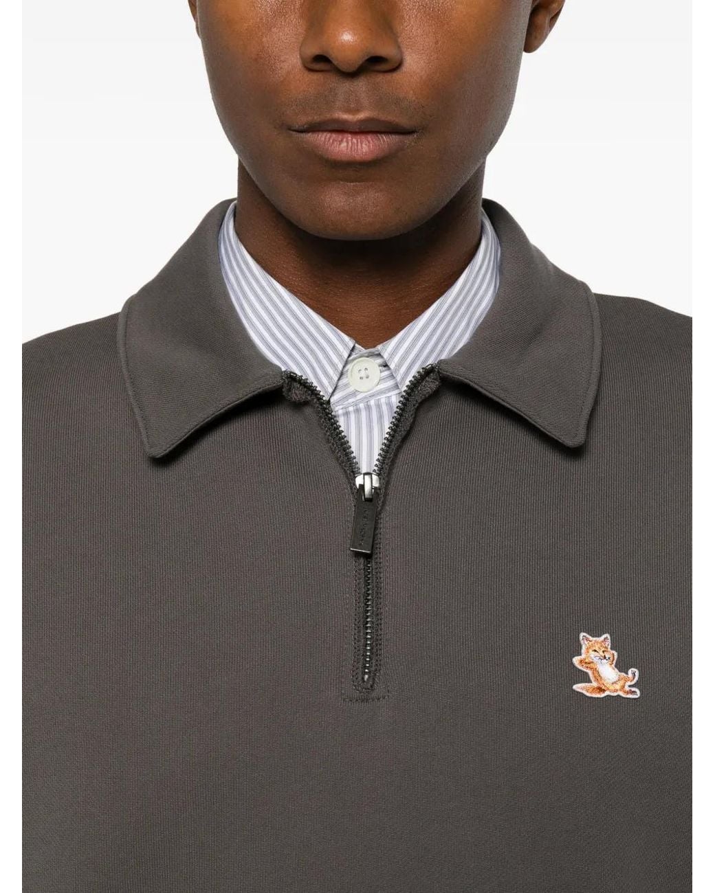 Maison Kitsuné Gray Logo-Patch Quarter-Zip Sweatshirt for men