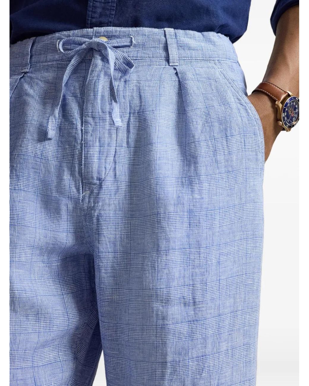 Polo Ralph Lauren Blue Pleated Linen Trousers for men