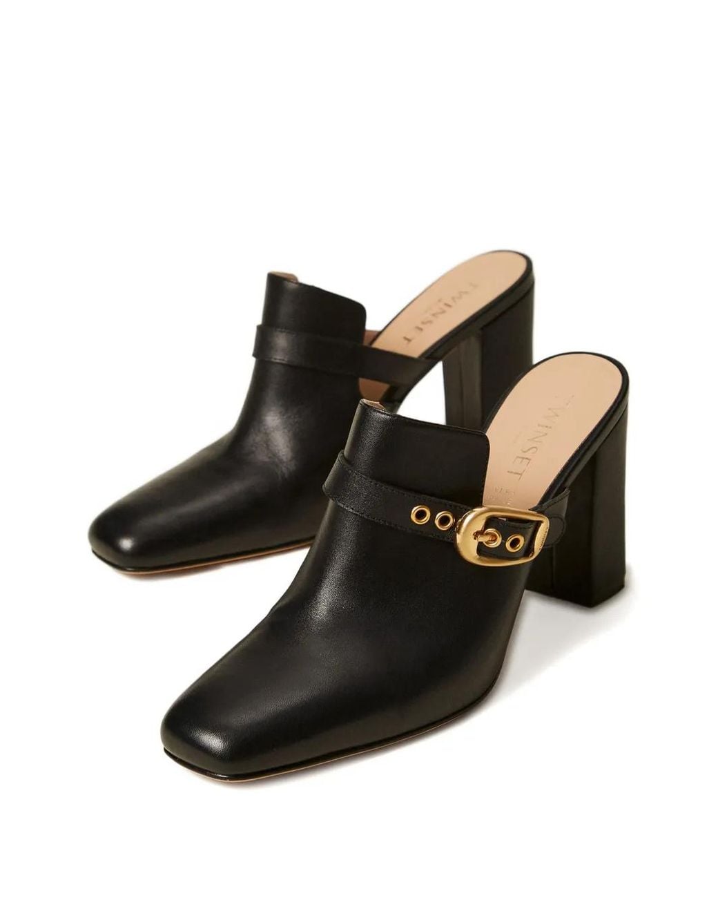 Twinset Black Leather Mules With Buckle