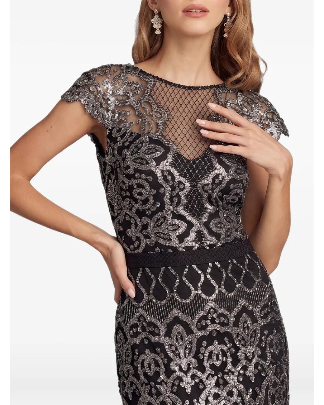 Tadashi Shoji White Miranda Sequin-Embellished Lace Gown