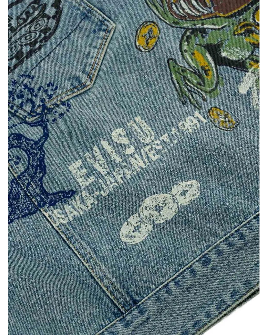 Evisu Blue Fortune Theme Hand-Painted Denim Jacket for men