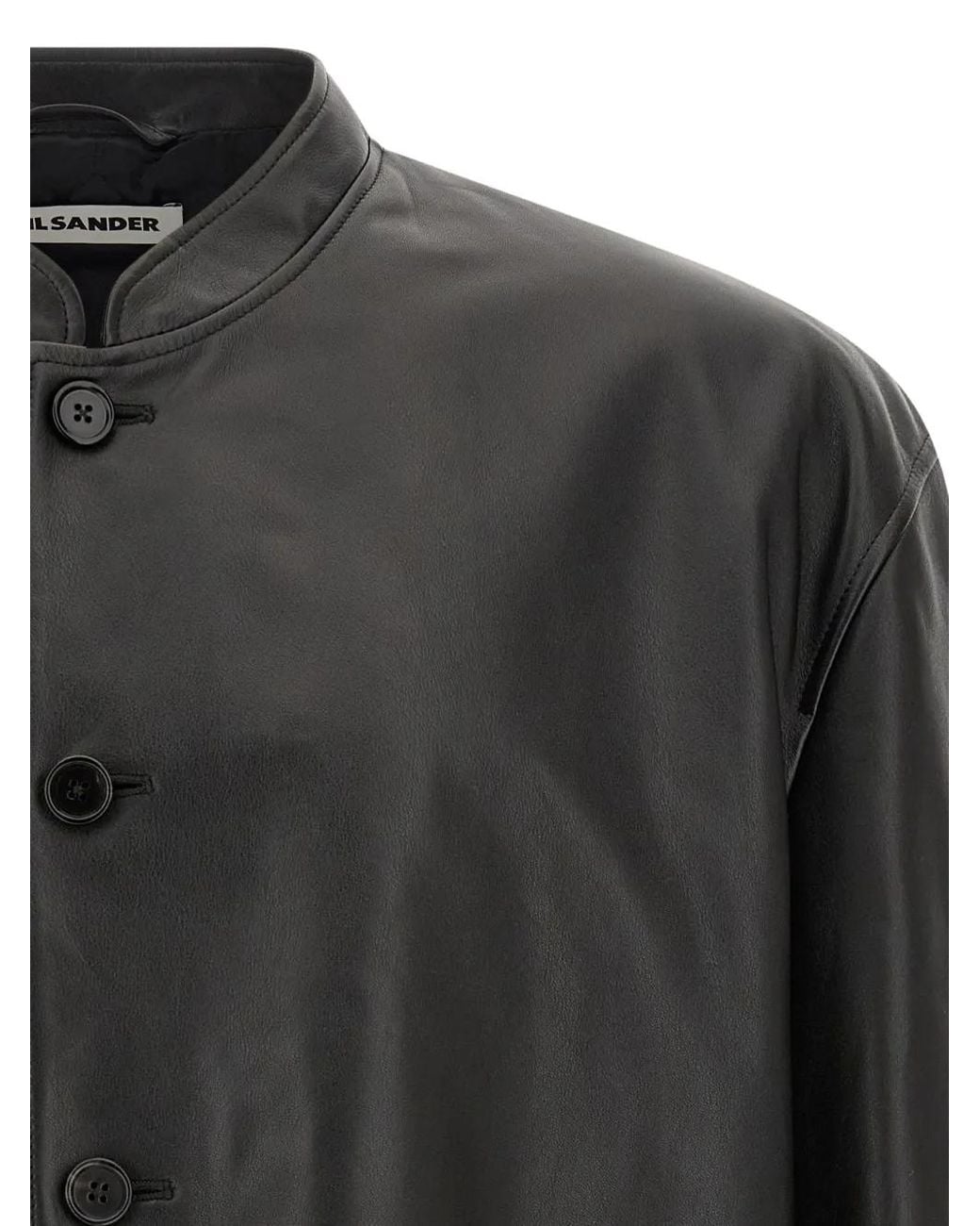 Jil Sander Black Leather Mandarin-Collar Jacket for men
