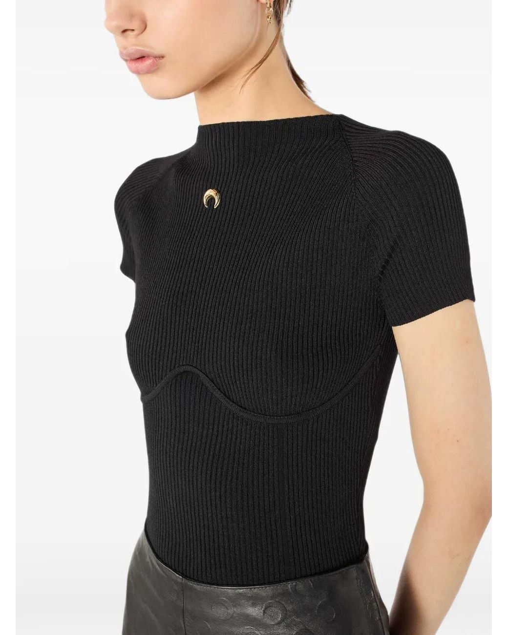 MARINE SERRE Black Knit Short-Sleeved Top