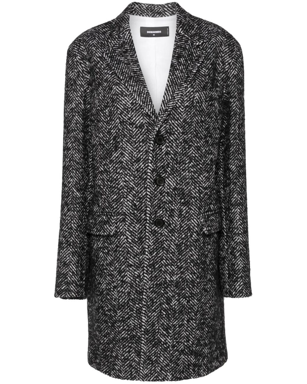 DSquared² Black Herringbone Wool Blend Coat